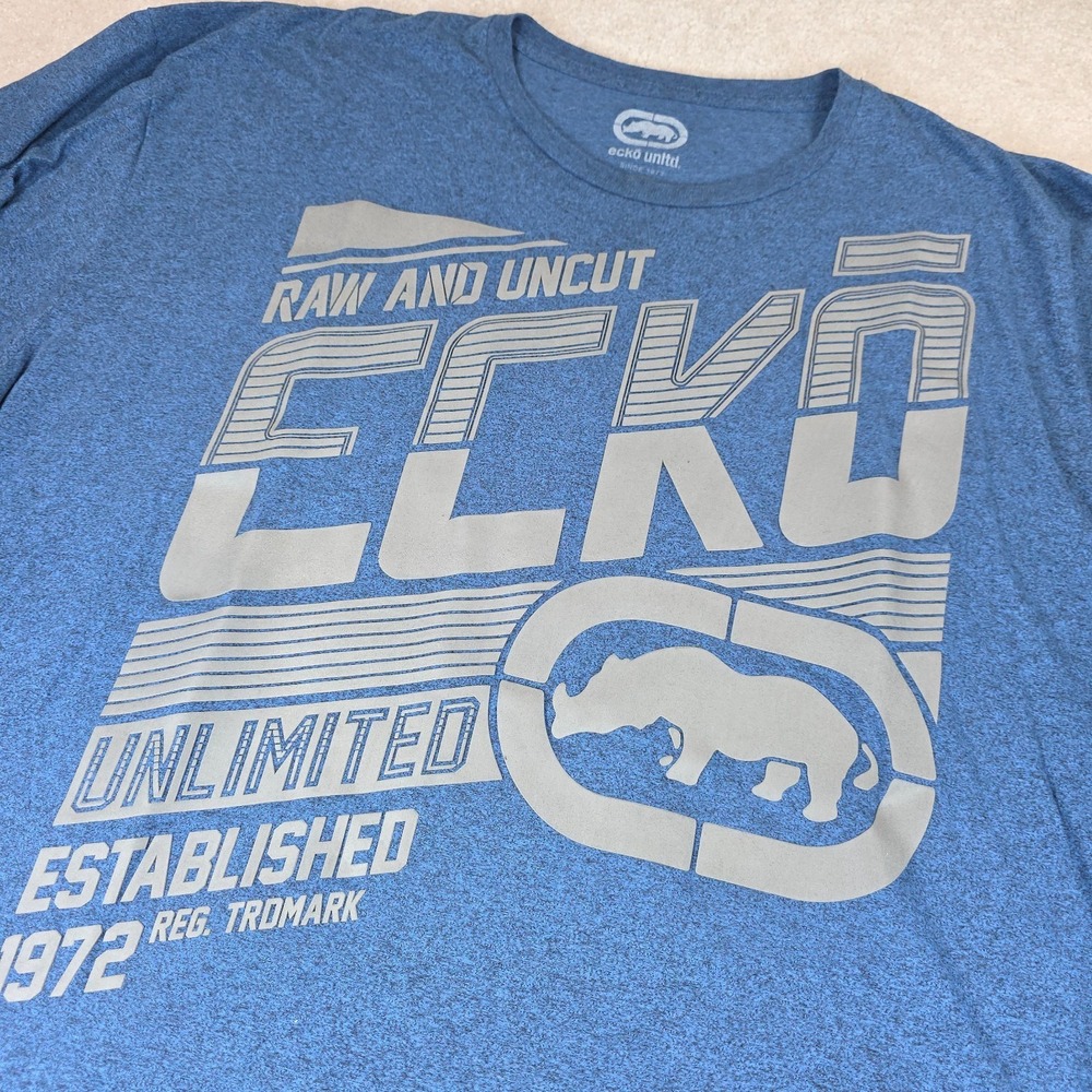 Ecko Unltd T-Shirt Mens 4XL Blue Heather Raw And Uncut Graphic Tee Short‎ Sleeve